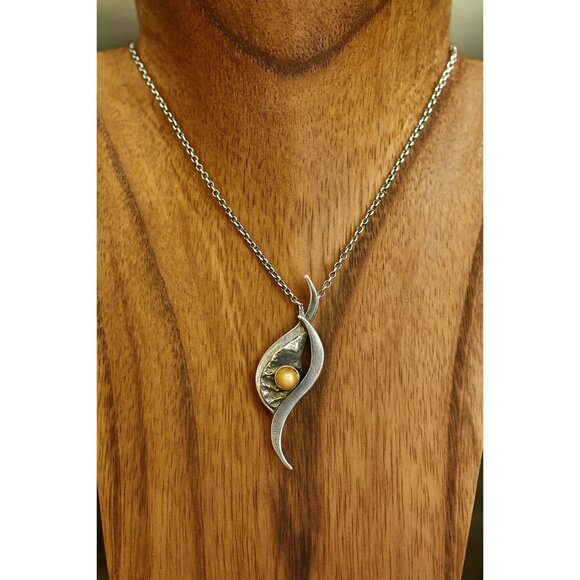 Sterling Silver Honey Amber Art Nouveau Pendant Unique Curved Design 1.5" Long - Picture 1 of 5